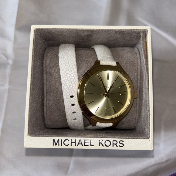 Michael Kors Slim Runway MK2477 Women Leather Analog Gold Dial Wrist Watch MP335 - Picture 1 of 6